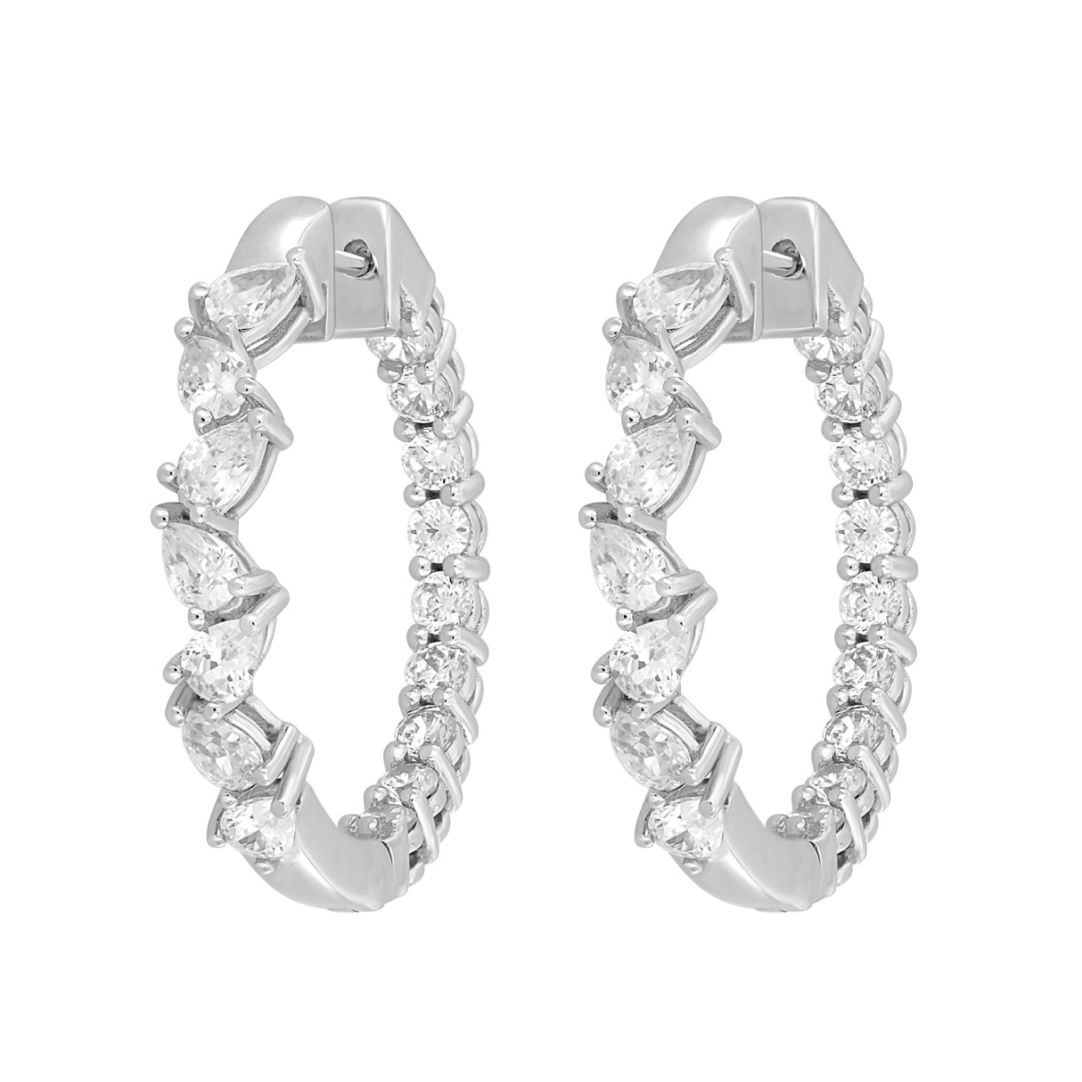 LADIES HOOP EARRINGS 4 3/4CT PEAR/ROUND DIAMOND 14K WHITE GOLD