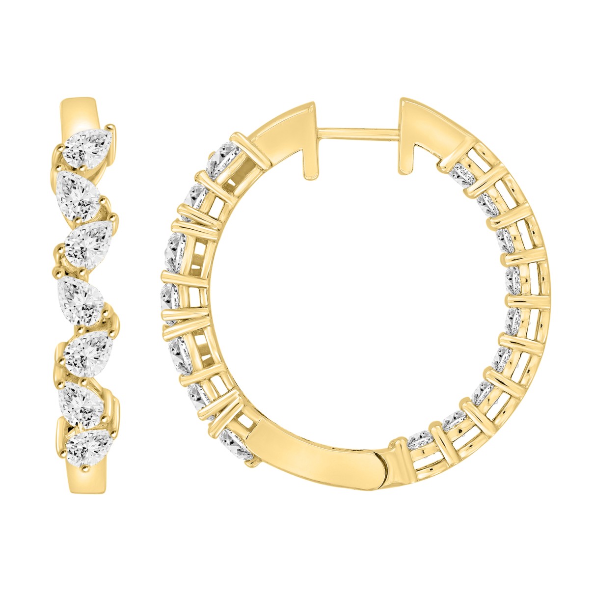 LADIES HOOP EARRINGS 4 3/4CT PEAR/ROUND DIAMOND 14K YELLOW GOLD