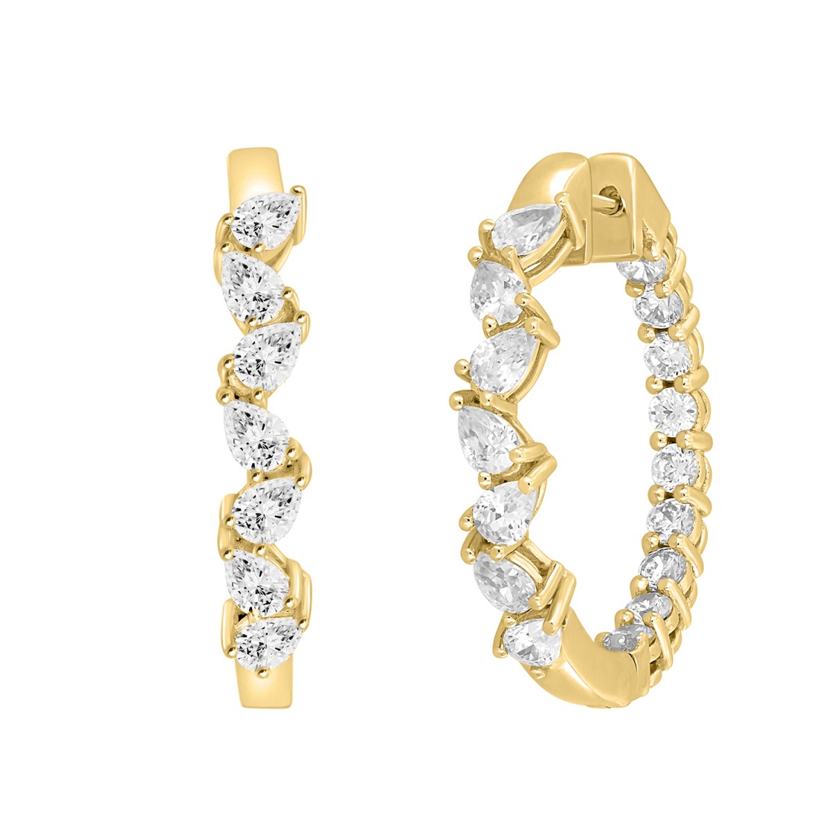 LADIES HOOP EARRINGS 4 3/4CT PEAR/ROUND DIAMOND 14K YELLOW GOLD