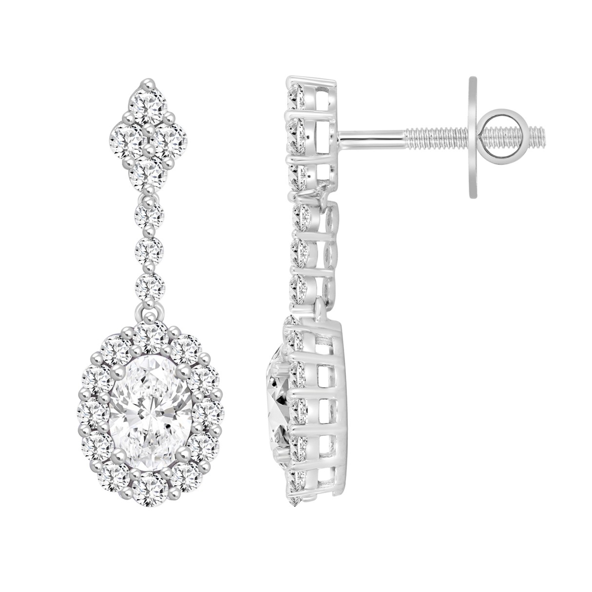 LADIES EARRINGS 2 1/4CT ROUND/OVAL DIAMOND 14K WHITE GOLD