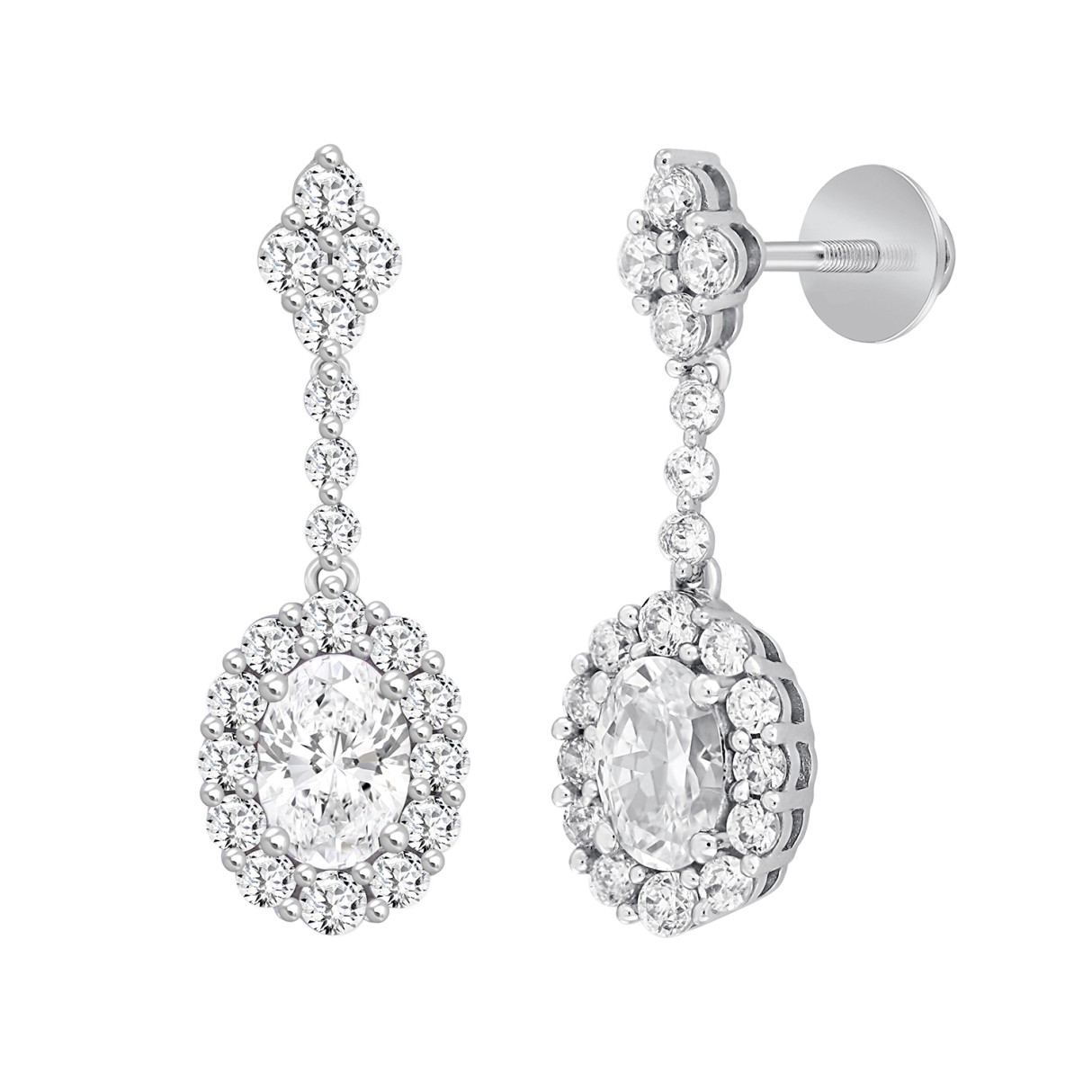 LADIES EARRINGS 2 1/4CT ROUND/OVAL DIAMOND 14K WHITE GOLD