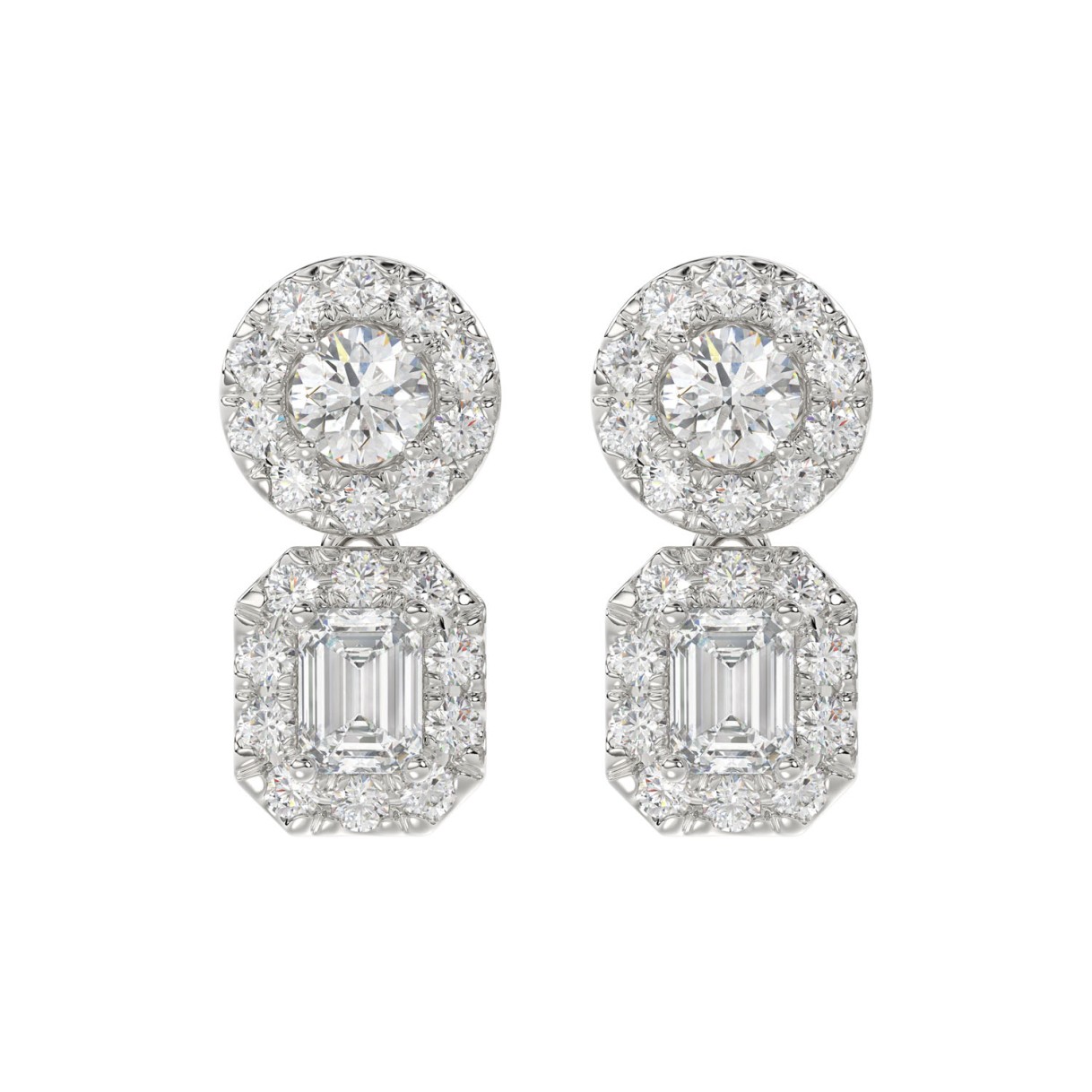 LADIES EARRINGS 1 1/2CT ROUND/EMERALD DIAMOND 14K WHITE GOLD