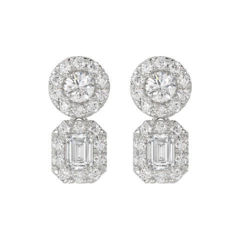 LADIES EARRINGS 1 1/2CT ROUND/EMERALD DIAMOND 14K WHITE GOLD