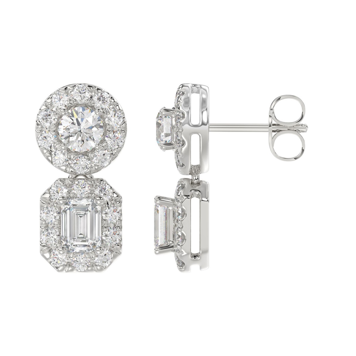 LADIES EARRINGS 1 1/2CT ROUND/EMERALD DIAMOND 14K WHITE GOLD