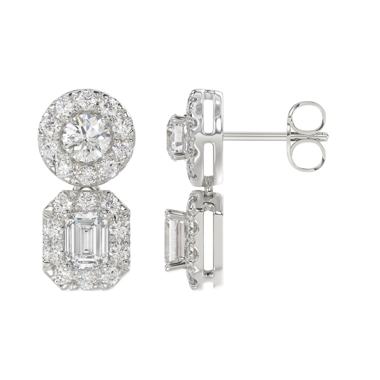 LADIES EARRINGS 1 1/2CT ROUND/EMERALD DIAMOND 14K WHITE GOLD