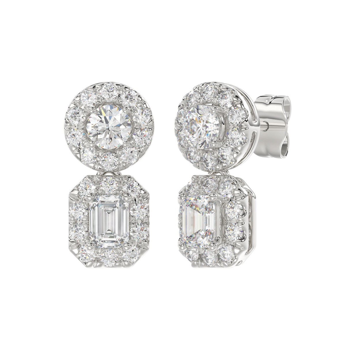 LADIES EARRINGS 1 1/2CT ROUND/EMERALD DIAMOND 14K WHITE GOLD