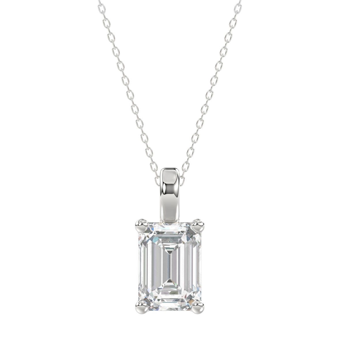 LADIES SOLITAIRE PENDANT WITH CHAIN 3CT EMERALD DIAMOND 14K WHITE GOLD 