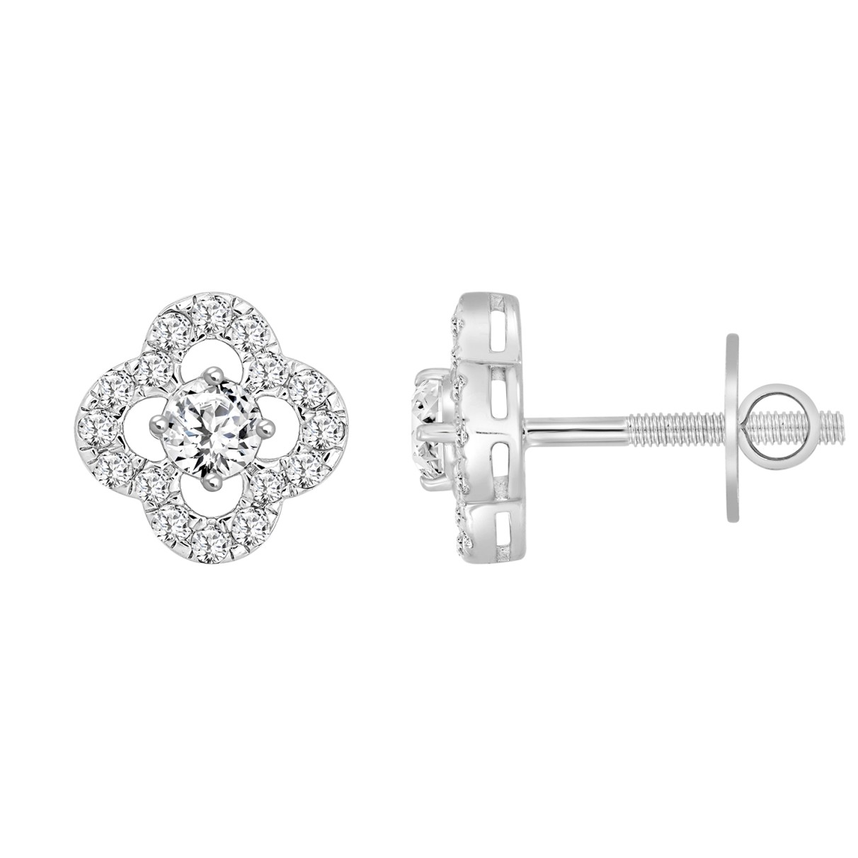 LADIES STUD EARRINGS 1CT ROUND DIAMOND 14K WHITE GOLD