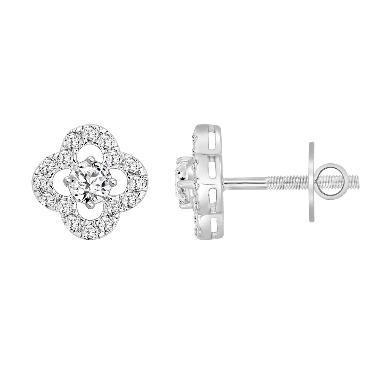 LADIES STUD EARRINGS 1CT ROUND DIAMOND 14K WHITE GOLD