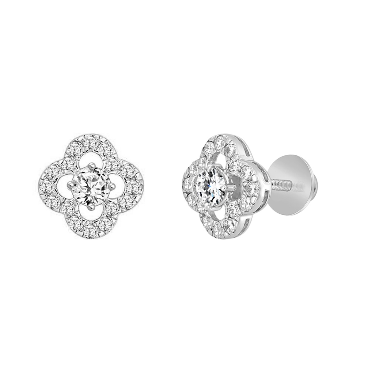 LADIES STUD EARRINGS 1CT ROUND DIAMOND 14K WHITE GOLD