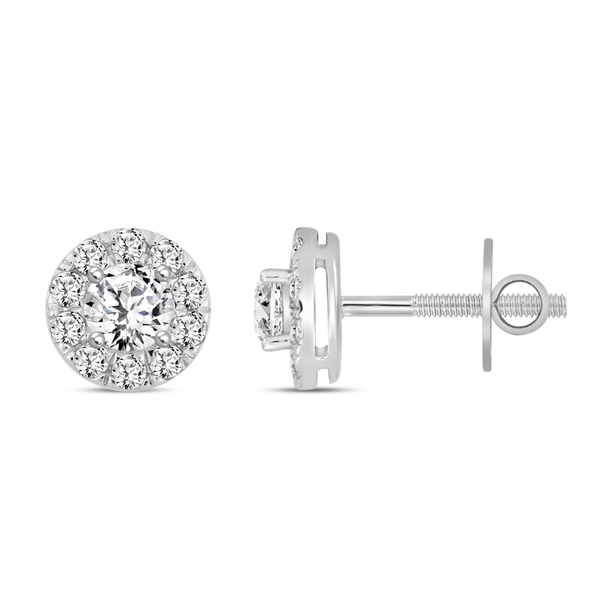 LADIES STUD EARRINGS 1CT ROUND DIAMOND 14K WHITE GOLD