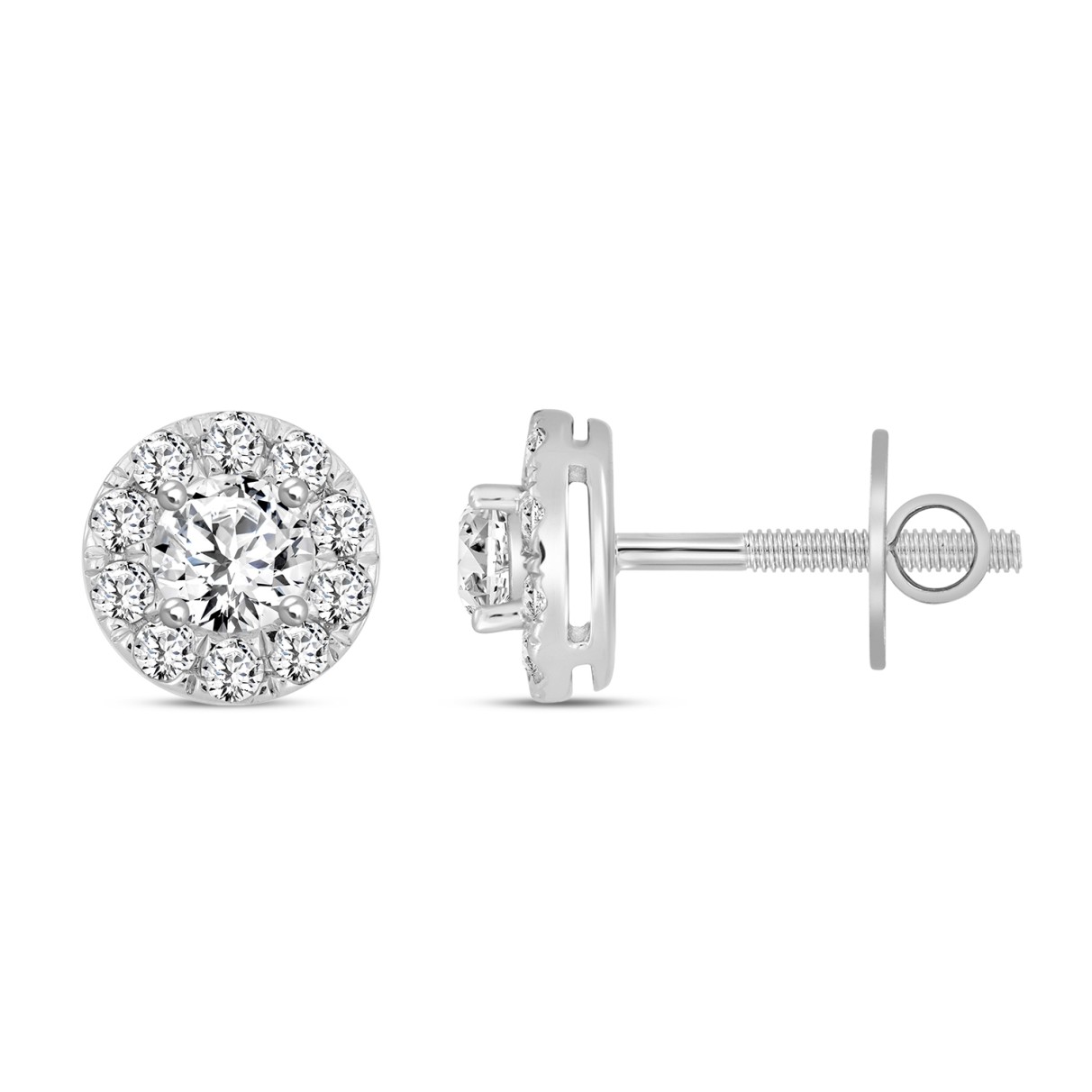 LADIES STUD EARRINGS 1CT ROUND DIAMOND 14K WHITE GOLD