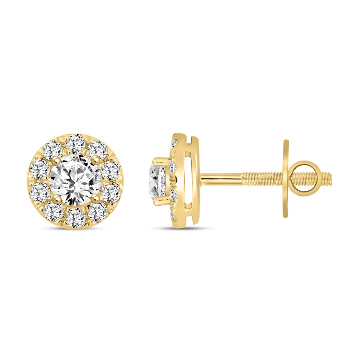 LADIES STUD EARRINGS 1CT ROUND DIAMOND 14K YELLOW GOLD