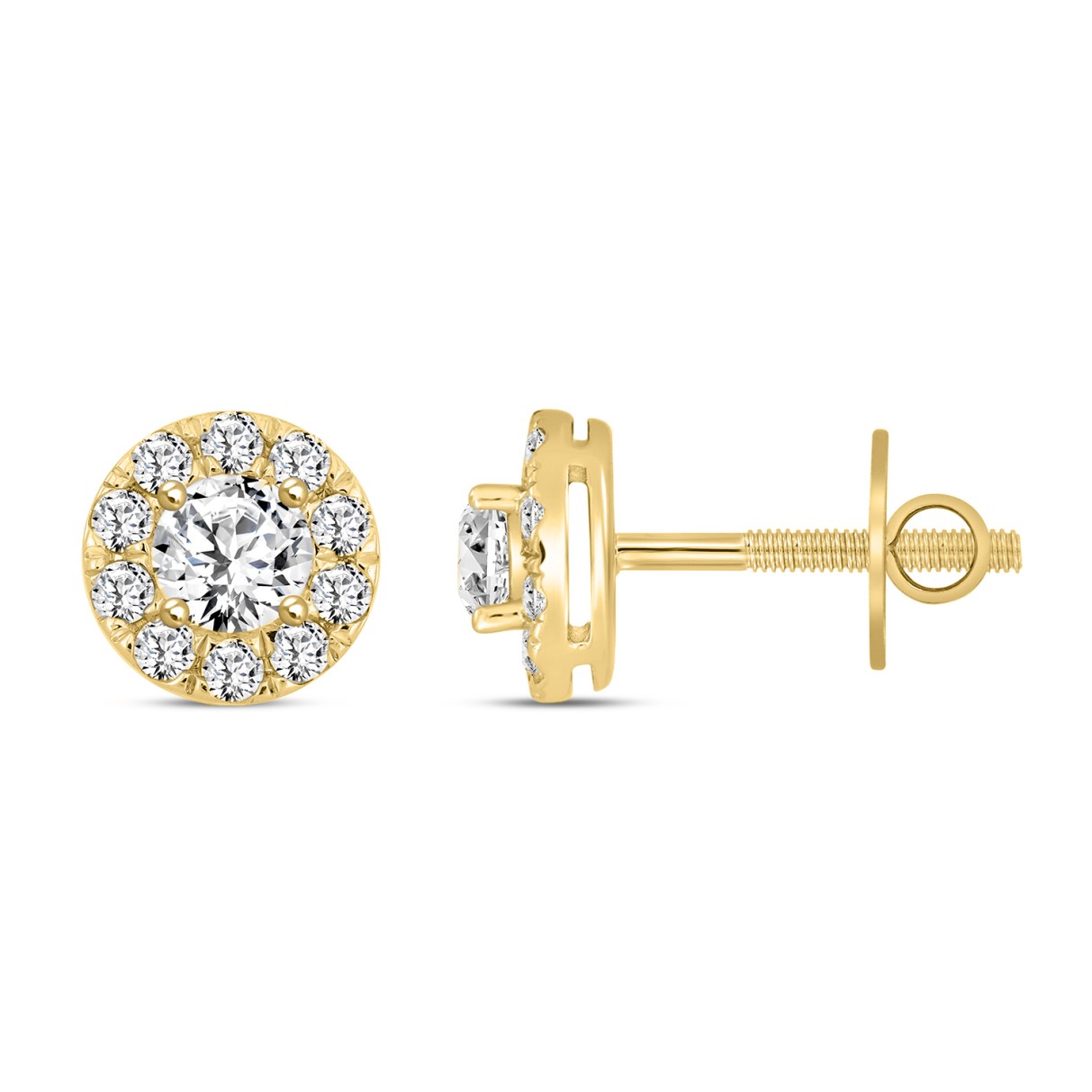 LADIES STUD EARRINGS 1CT ROUND DIAMOND 14K YELLOW GOLD