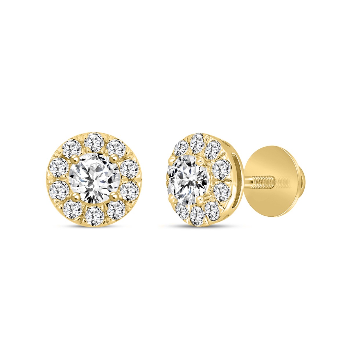 LADIES STUD EARRINGS 1CT ROUND DIAMOND 14K YELLOW GOLD