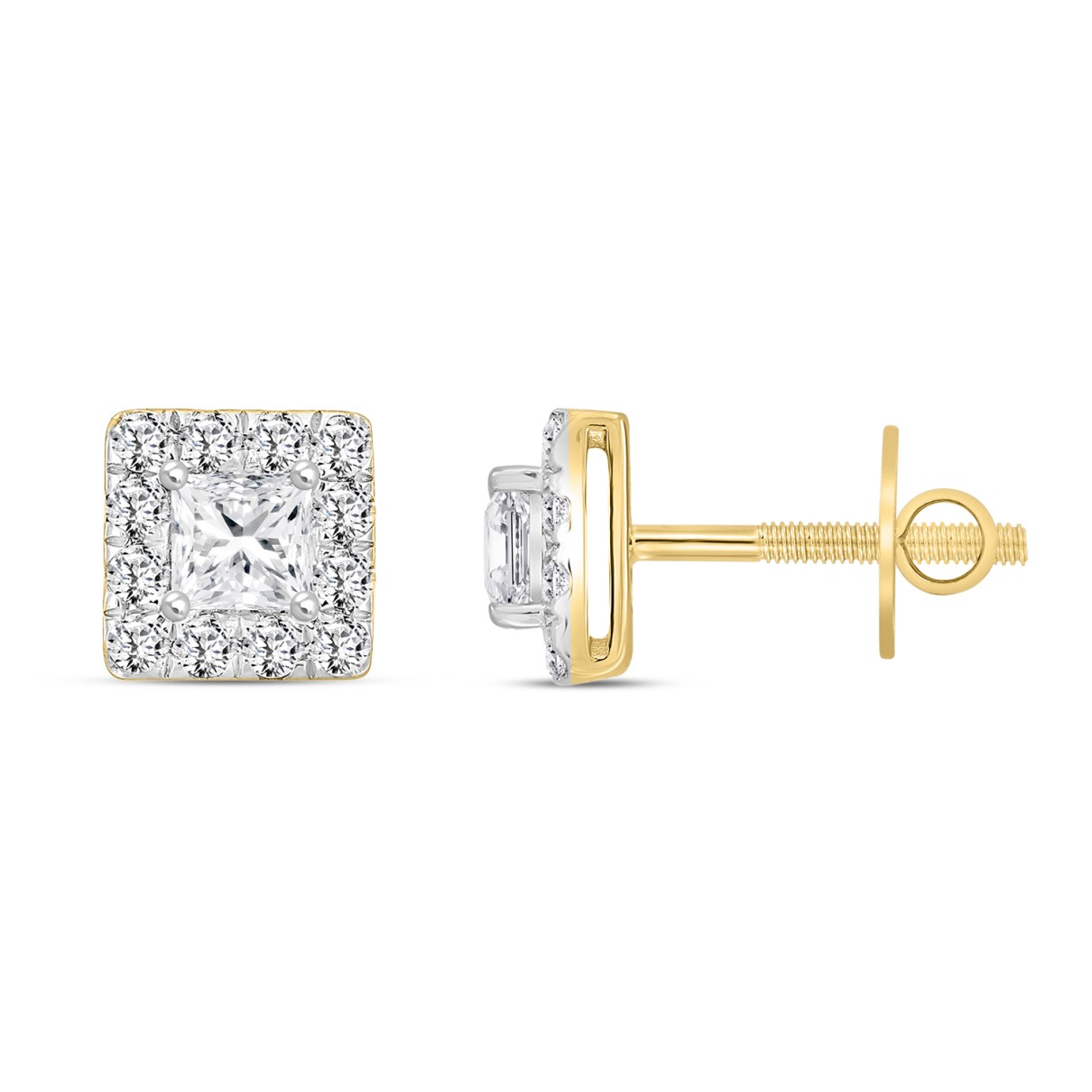 LADIES STUD EARRINGS 1CT PRINCESS/ROUND DIAMOND 14K YELLOW GOLD