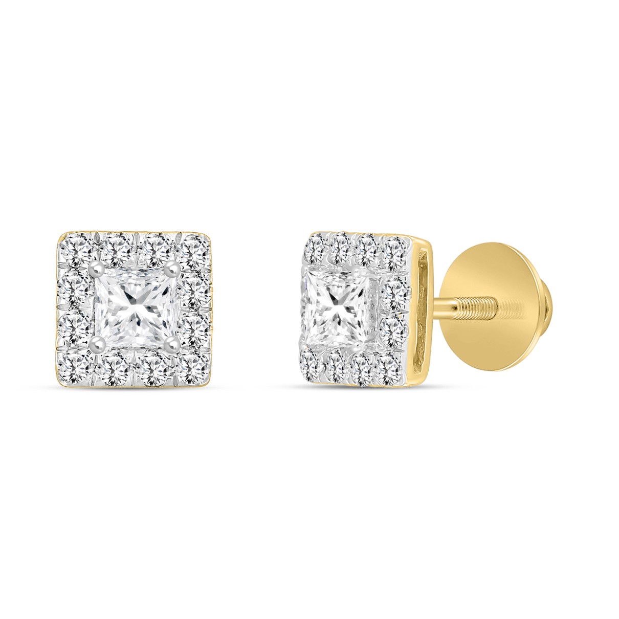 LADIES STUD EARRINGS 1CT PRINCESS/ROUND DIAMOND 14K YELLOW GOLD