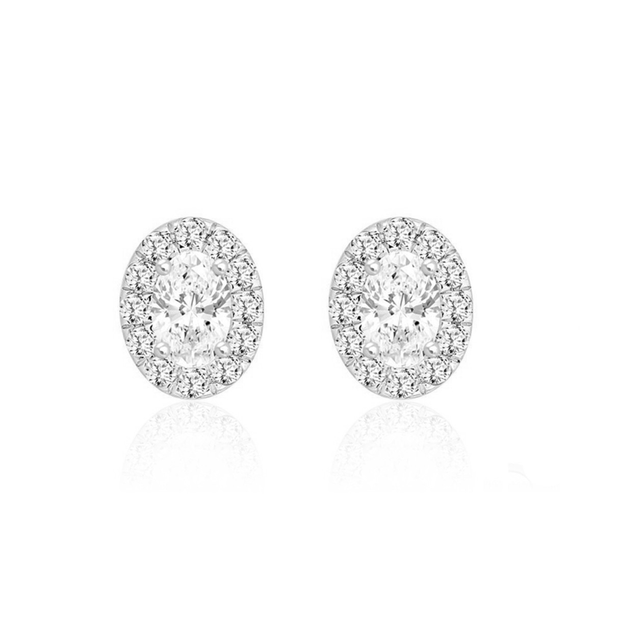 LADIES STUD EARRINGS 1CT OVAL/ROUND DIAMOND 14K WHITE GOLD