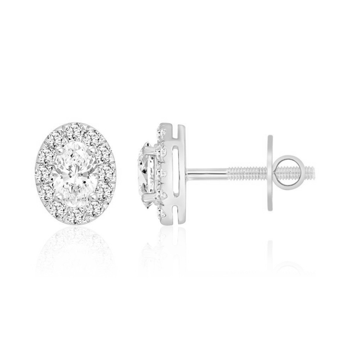 LADIES STUD EARRINGS 1CT OVAL/ROUND DIAMOND 14K WHITE GOLD