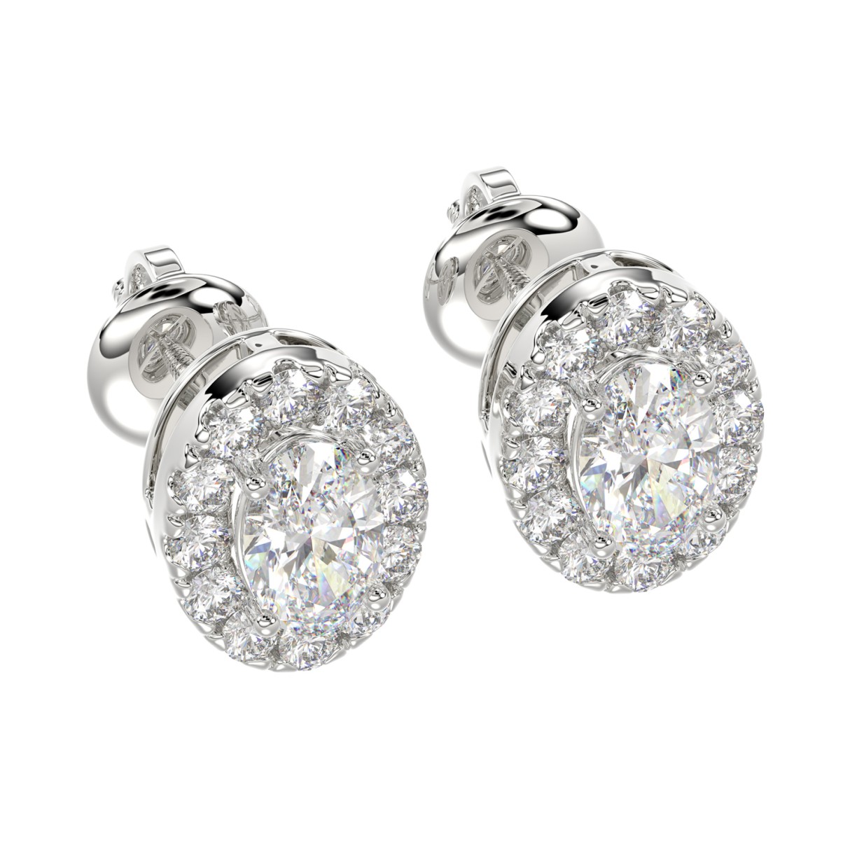 LADIES STUD EARRINGS 1CT OVAL/ROUND DIAMOND 14K WHITE GOLD