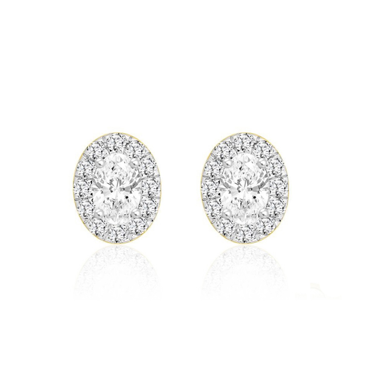 LADIES STUD EARRINGS 1CT OVAL/ROUND DIAMOND 14K YELLOW GOLD