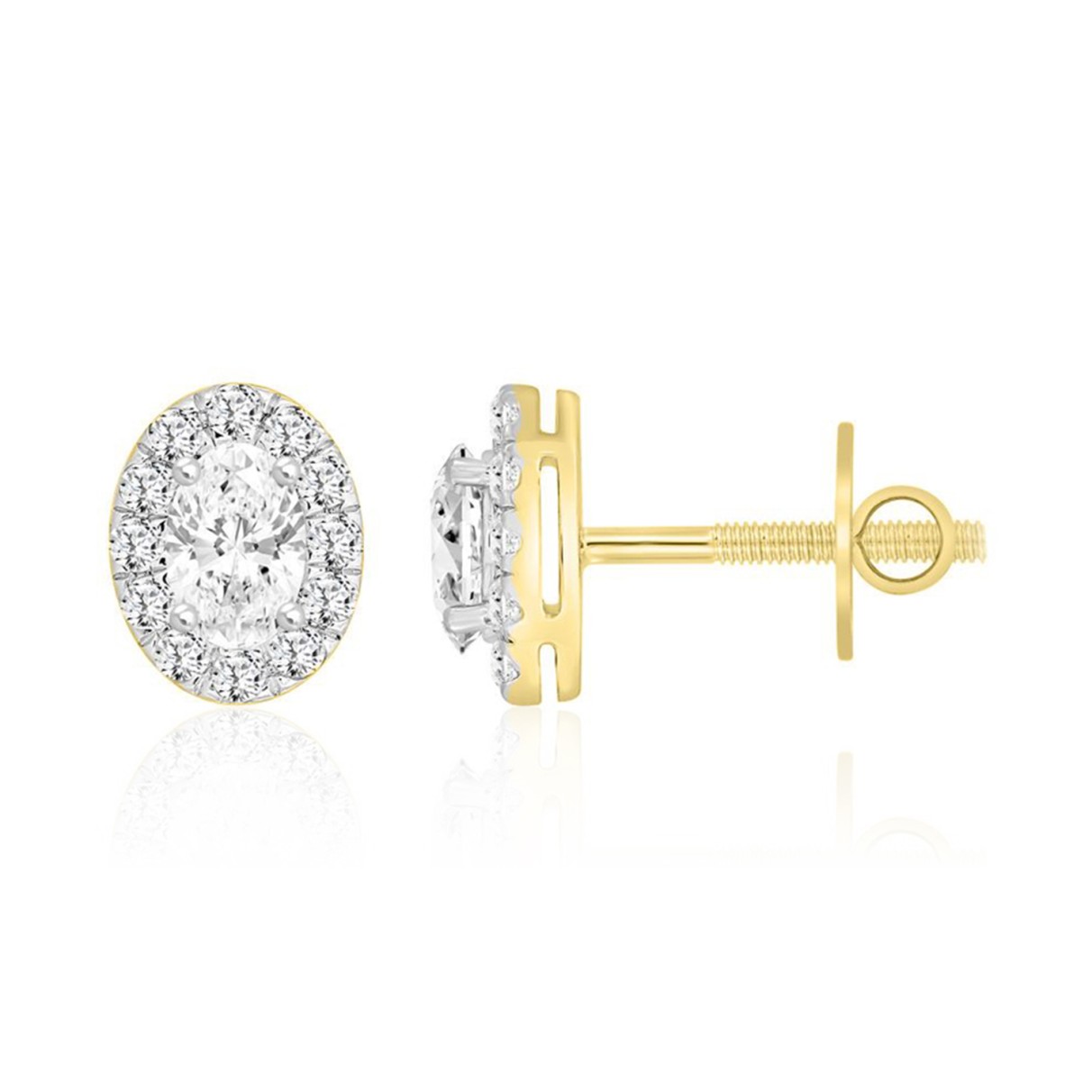 LADIES STUD EARRINGS 1CT OVAL/ROUND DIAMOND 14K YELLOW GOLD