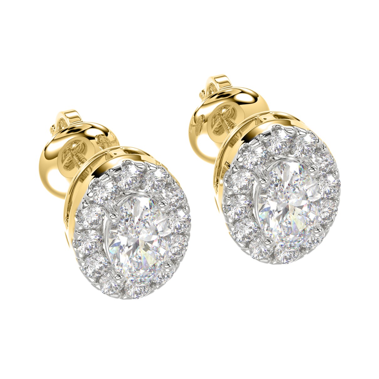 LADIES STUD EARRINGS 1CT OVAL/ROUND DIAMOND 14K YELLOW GOLD