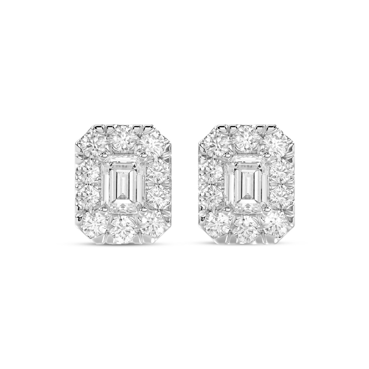 LADIES STUD EARRINGS 1CT EMERALD/ROUND DIAMOND 14K WHITE GOLD