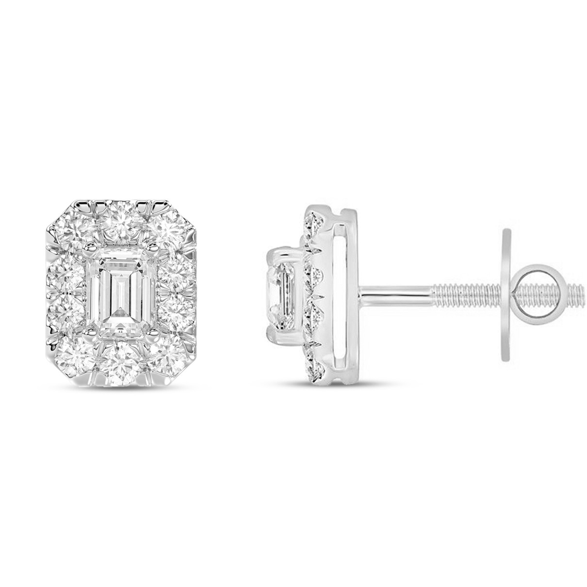 LADIES STUD EARRINGS 1CT EMERALD/ROUND DIAMOND 14K WHITE GOLD