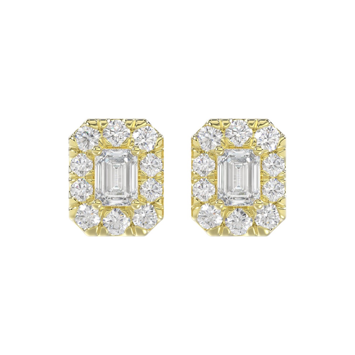 LADIES STUD EARRINGS 1CT EMERALD/ROUND DIAMOND 14K YELLOW GOLD