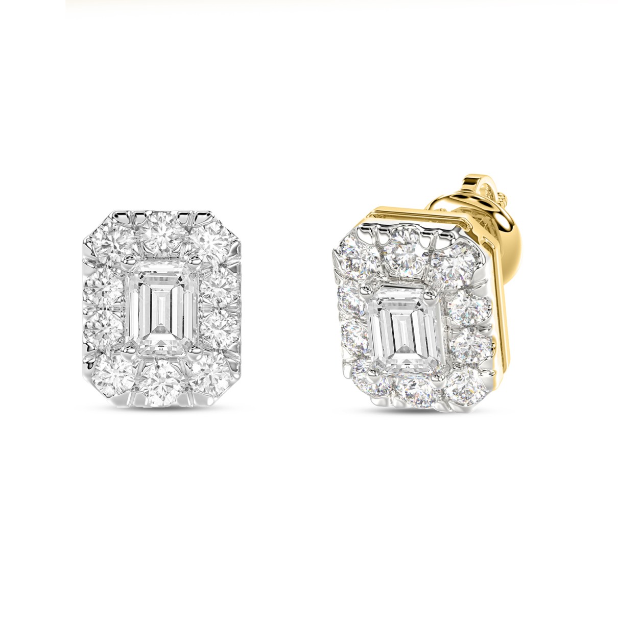 LADIES STUD EARRINGS 1CT EMERALD/ROUND DIAMOND 14K YELLOW GOLD