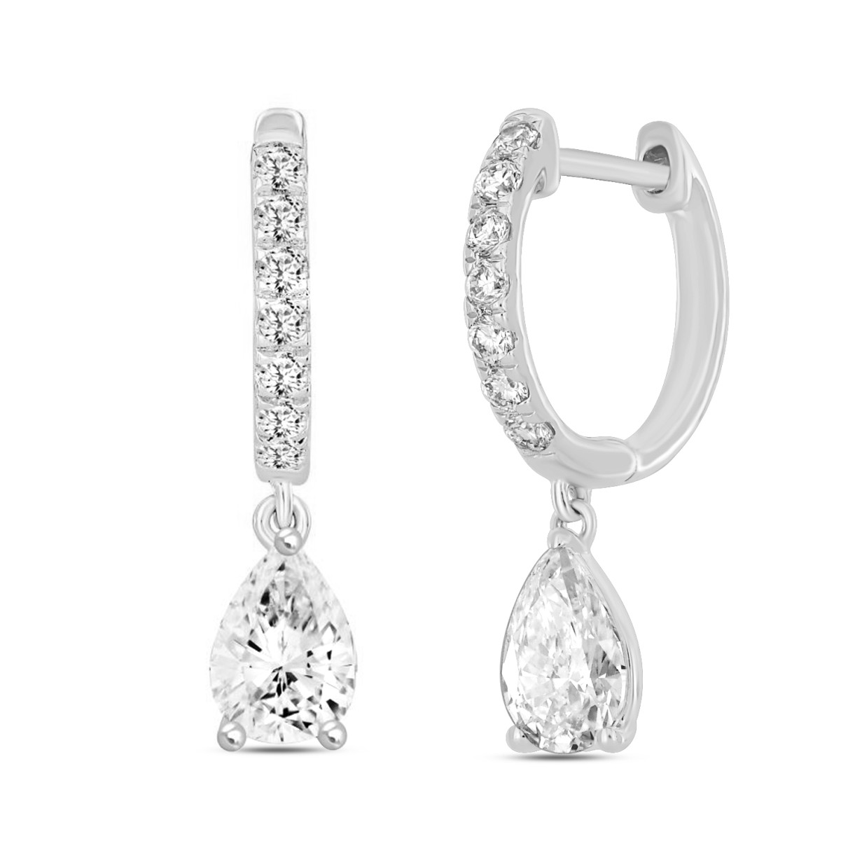 LADIES EARRINGS 1 1/4CT PEAR/ROUND DIAMOND 14K WHITE GOLD (CENTER STONE PEAR DIAMOND 1CT)
