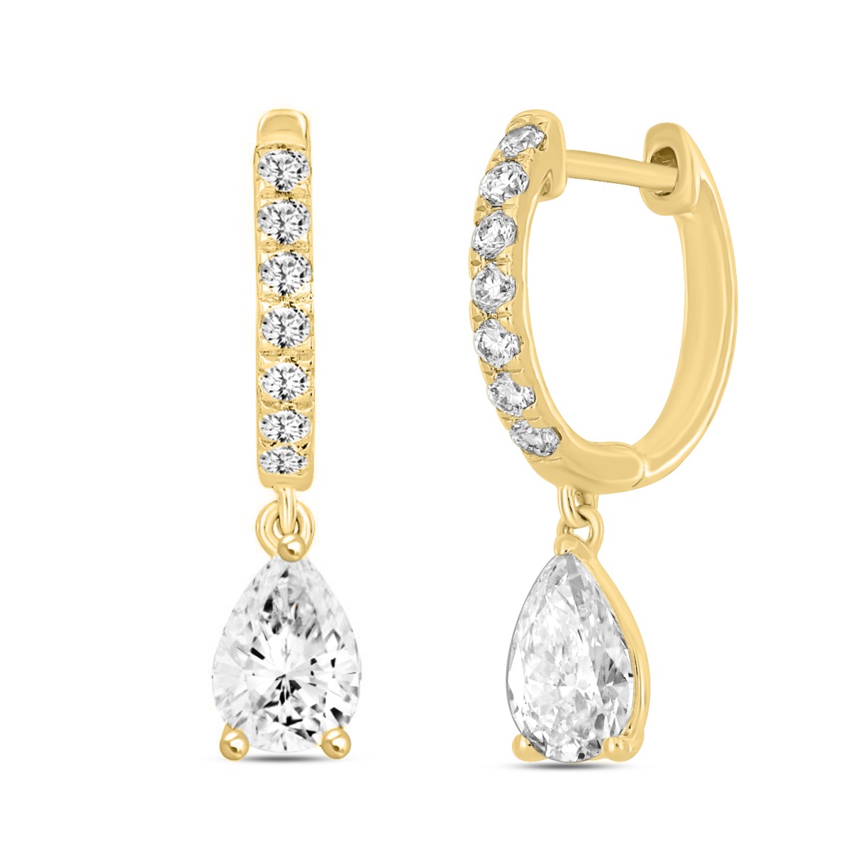 LADIES EARRINGS 1 1/4CT PEAR/ROUND DIAMOND 14K YELLOW GOLD (CENTER STONE PEAR DIAMOND 1CT)