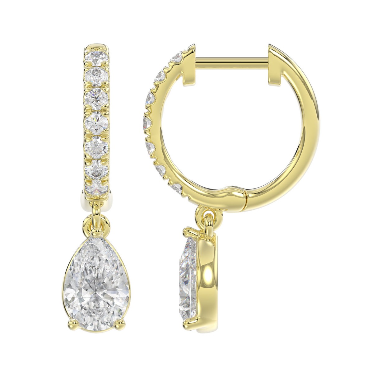 LADIES EARRINGS 1 1/4CT PEAR/ROUND DIAMOND 14K YELLOW GOLD (CENTER STONE PEAR DIAMOND 1CT)