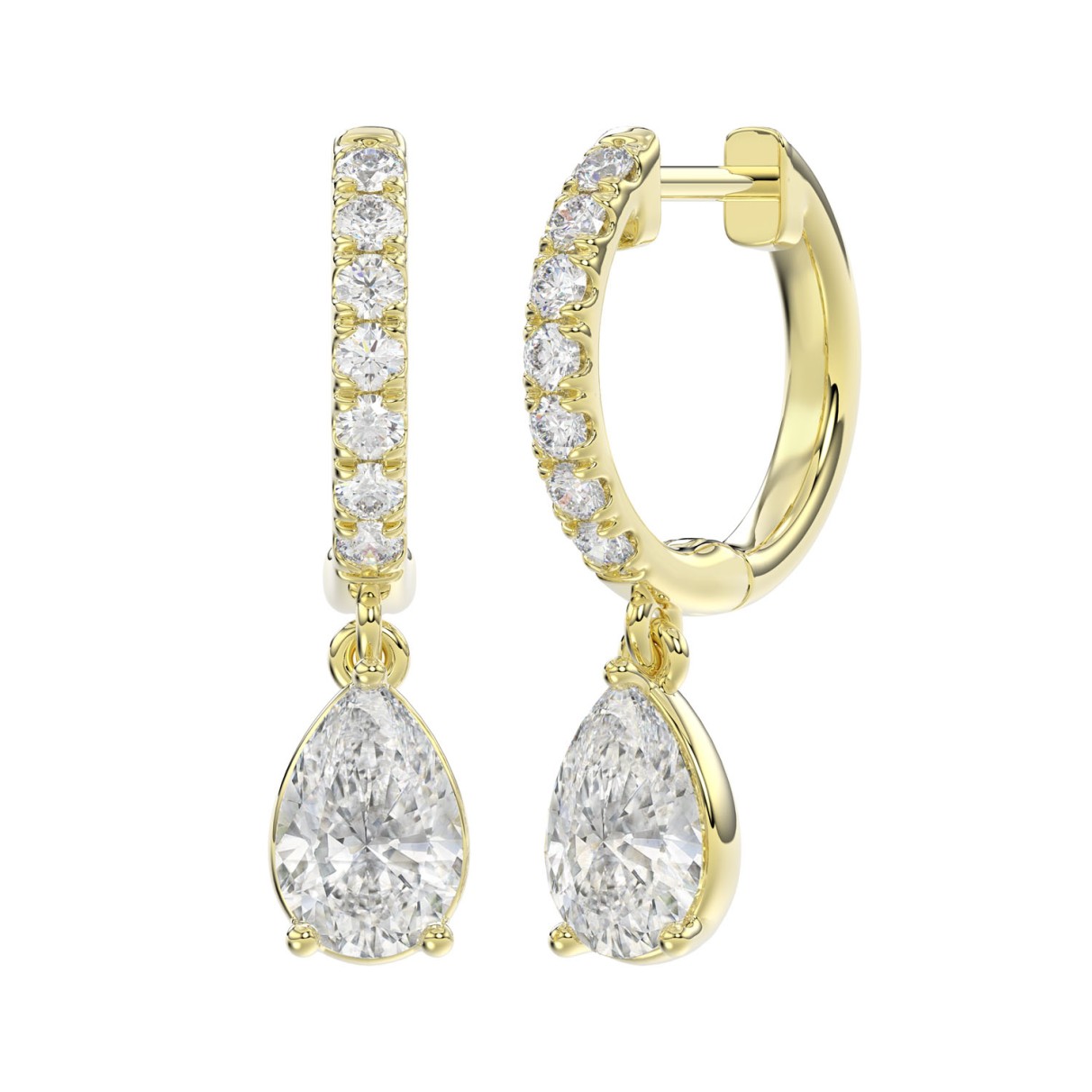 LADIES EARRINGS 1 1/4CT PEAR/ROUND DIAMOND 14K YELLOW GOLD (CENTER STONE PEAR DIAMOND 1CT)