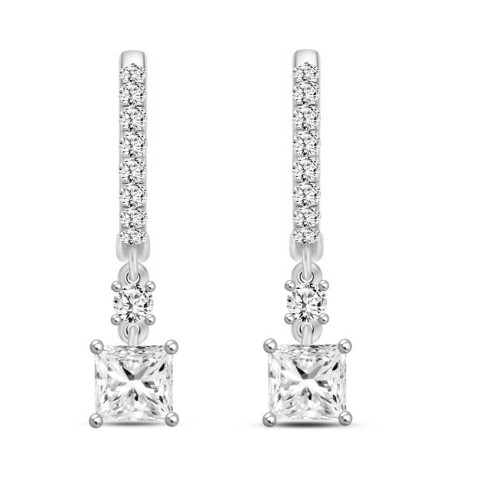 LADIES EARRINGS 1 1/4CT PRINCESS/ROUND DIAMOND 14K WHITE GOLD (CENTER STONE PRINCESS DIAMOND 1CT)