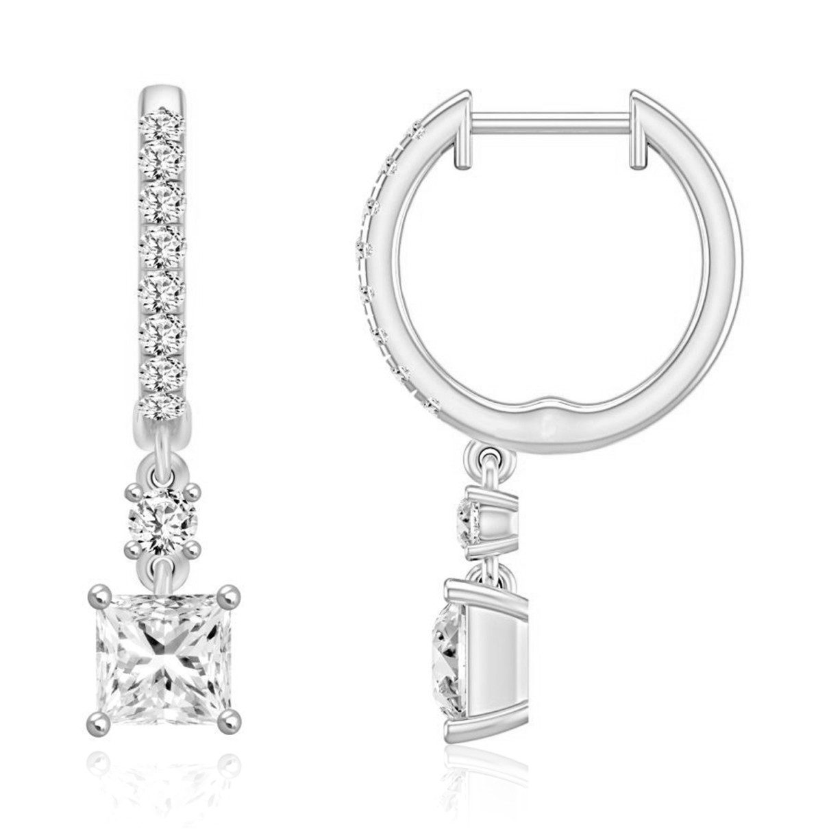 LADIES EARRINGS 1 1/4CT PRINCESS/ROUND DIAMOND 14K WHITE GOLD (CENTER STONE PRINCESS DIAMOND 1CT)