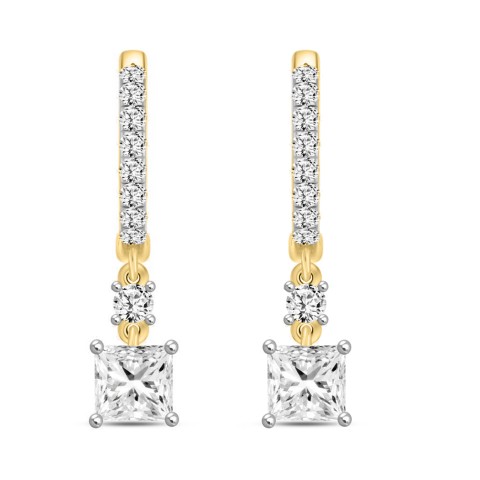 LADIES EARRINGS  1 1/4CT PRINCESS/ROUND DIAMOND 14K YELLOW GOLD (CENTER STONE PRINCESS DIAMOND 1CT)