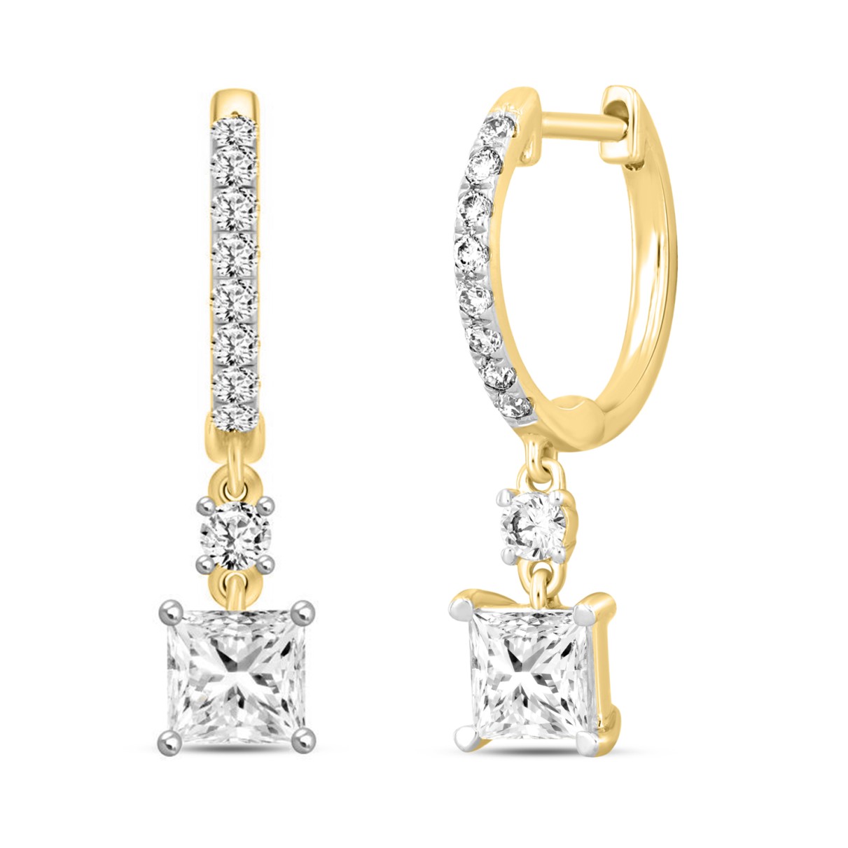 LADIES EARRINGS  1 1/4CT PRINCESS/ROUND DIAMOND 14K YELLOW GOLD (CENTER STONE PRINCESS DIAMOND 1CT)