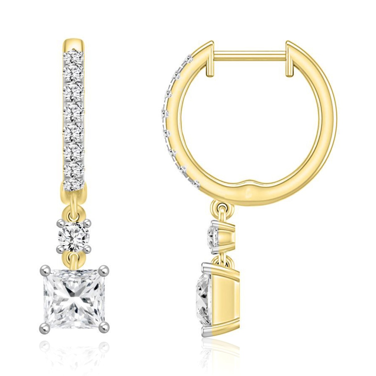 LADIES EARRINGS 1 1/4CT PRINCESS/ROUND DIAMOND 14K YELLOW GOLD (CENTER STONE PRINCESS DIAMOND 1CT)