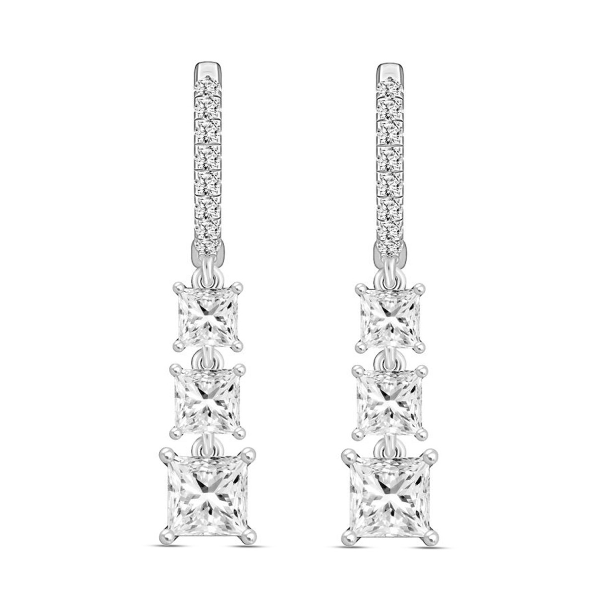 LADIES EARRINGS 2CT ROUND/PRINCESS DIAMOND 14K WHITE GOLD