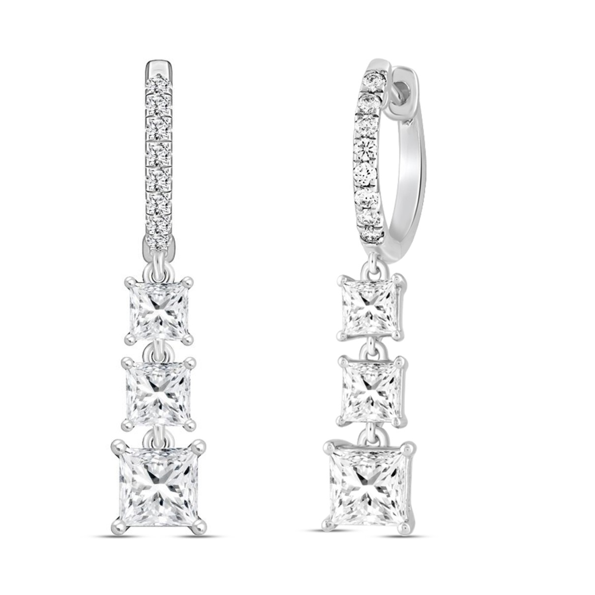 LADIES EARRINGS 2CT ROUND/PRINCESS DIAMOND 14K WHITE GOLD