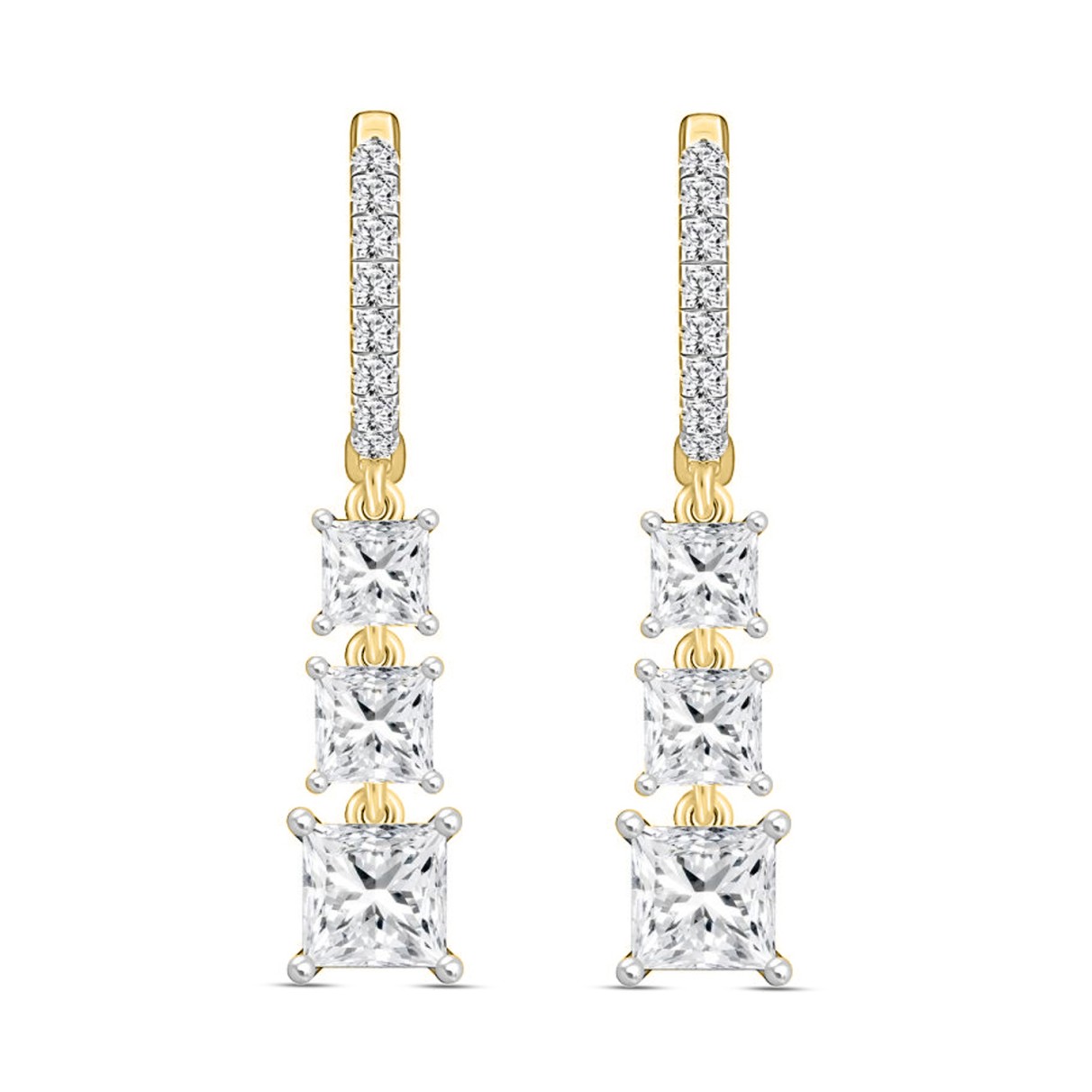 LADIES EARRINGS 2CT ROUND/PRINCESS DIAMOND 14K YELLOW GOLD