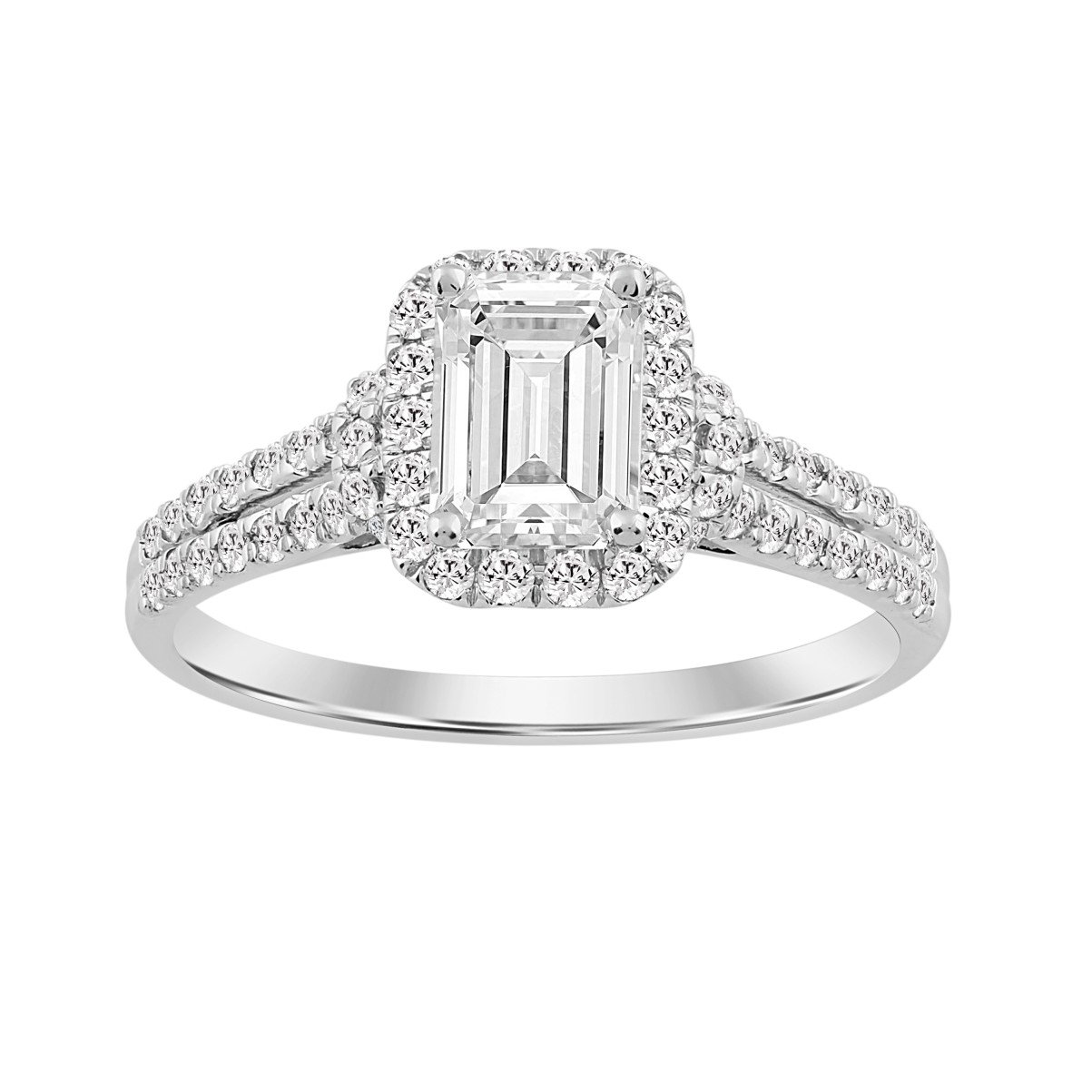 LADIES RING 1 1/2CT ROUND/EMERALD DIAMOND 14K WHITE GOLD