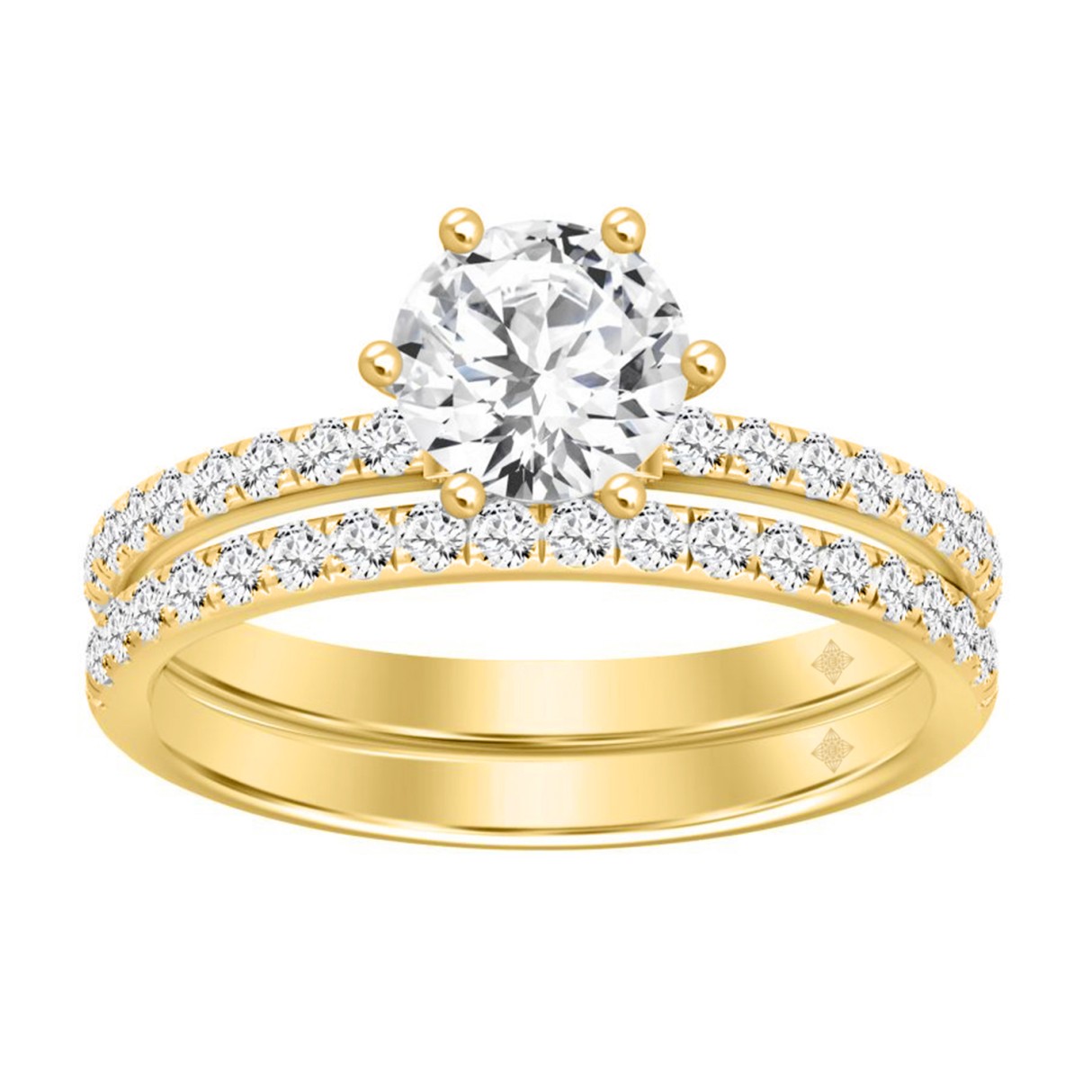 14K Yellow Gold Round Diamond Bridal Ring Set 1 1/...