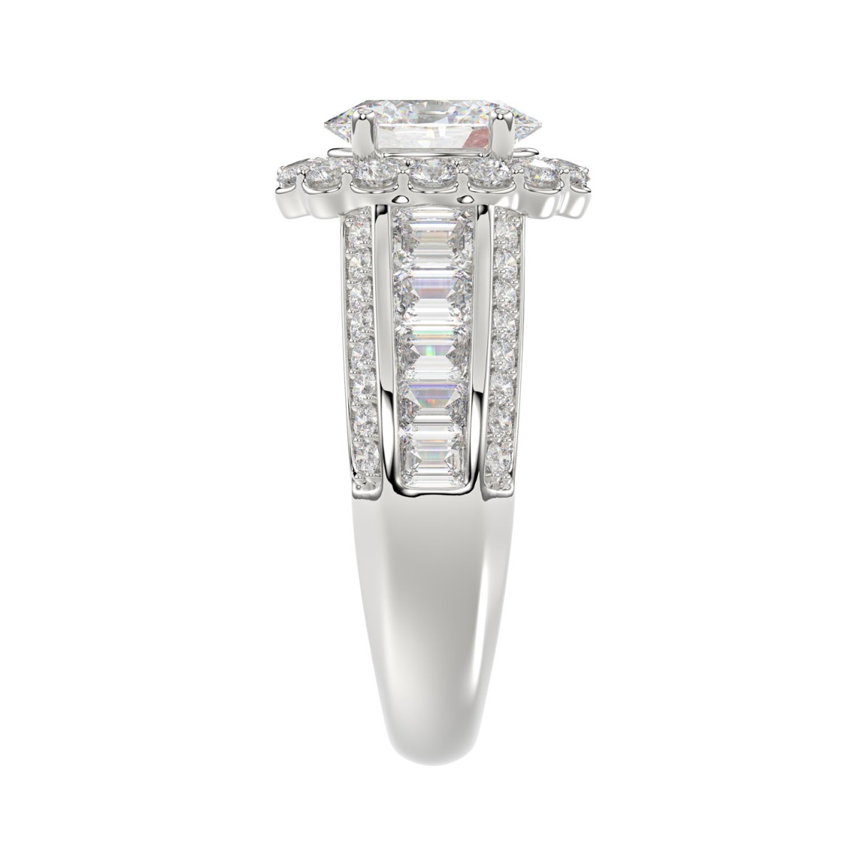 LADIES RING 3 3/4CT ROUND/OVAL/EMERALD DIAMOND 14K WHITE GOLD (CENTER STONE OVAL DIAMOND 1 1/2CT )
