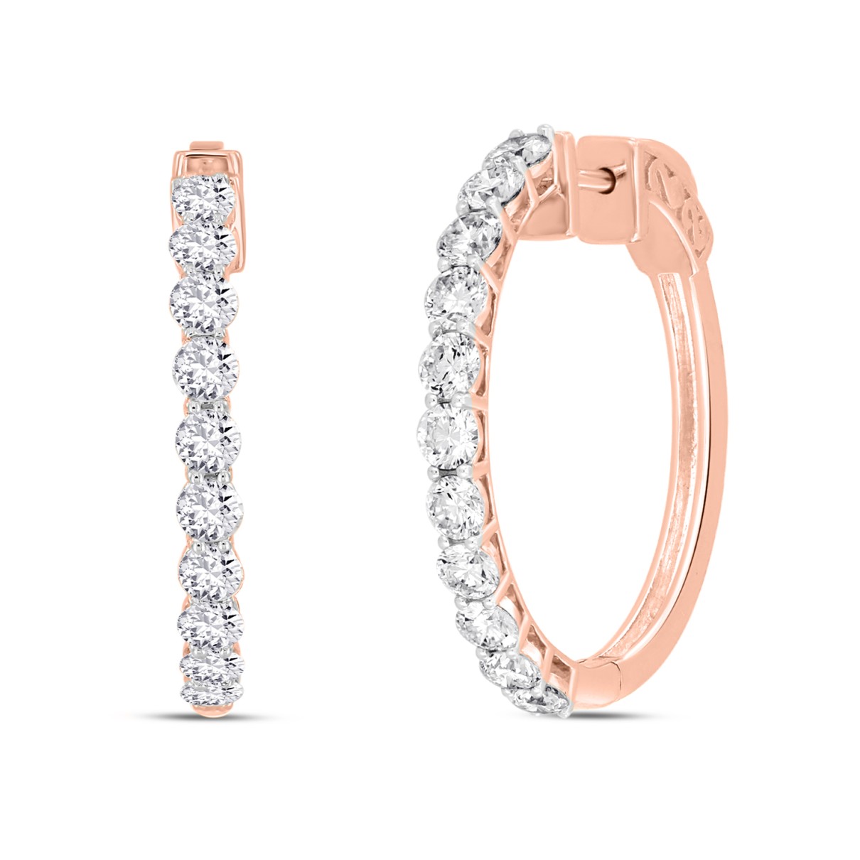 LADIES HOOP EARRINGS 2CT ROUND DIAMOND 14K ROSE GOLD