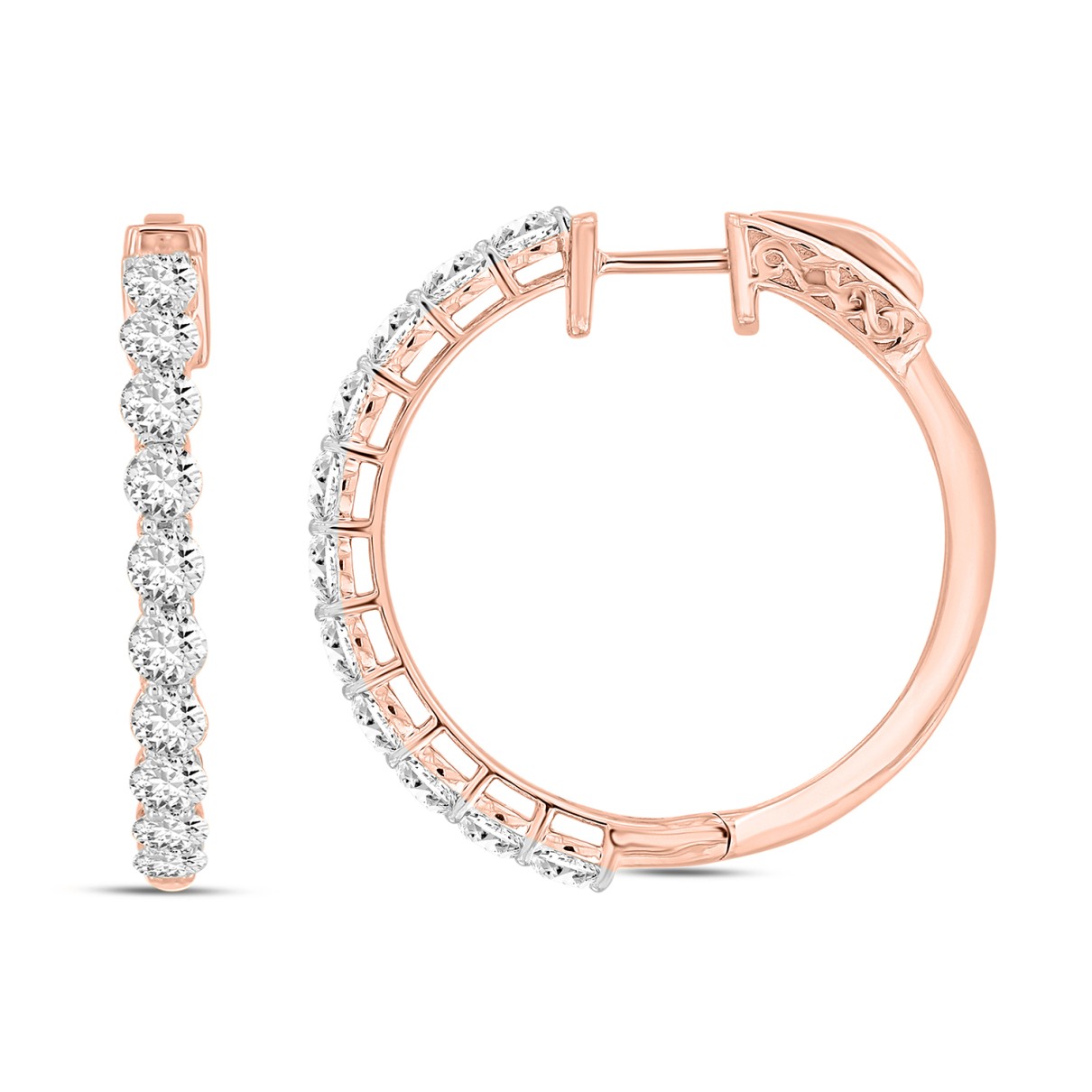 LADIES HOOP EARRINGS 2CT ROUND DIAMOND 14K ROSE GOLD