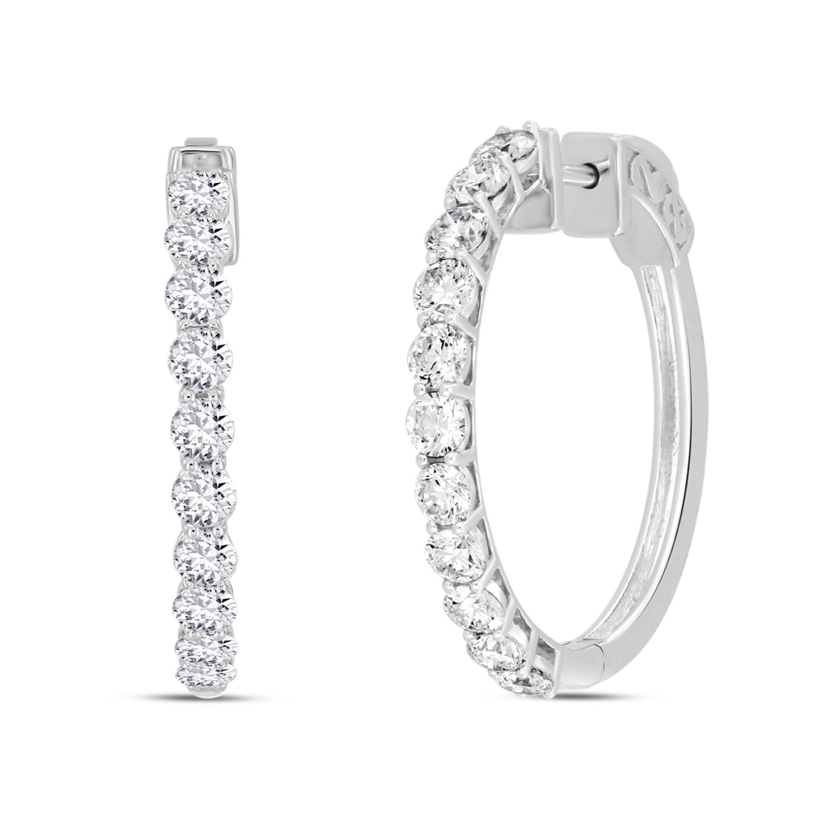 LADIES HOOP EARRINGS 2CT ROUND DIAMOND 14K WHITE GOLD