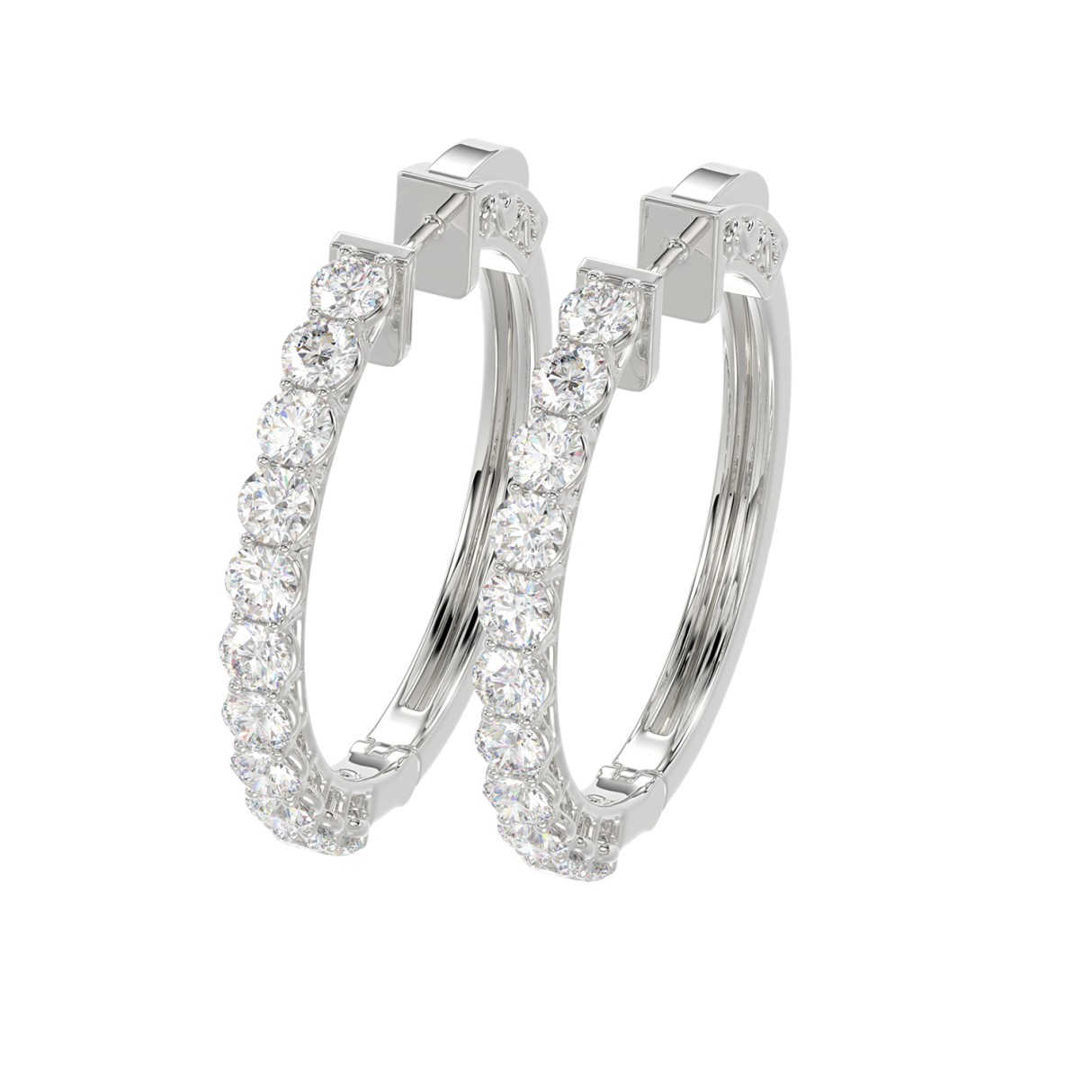 LADIES HOOP EARRINGS 2CT ROUND DIAMOND 14K WHITE GOLD